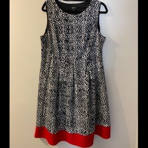 White and Black Print Dress with Red Detail